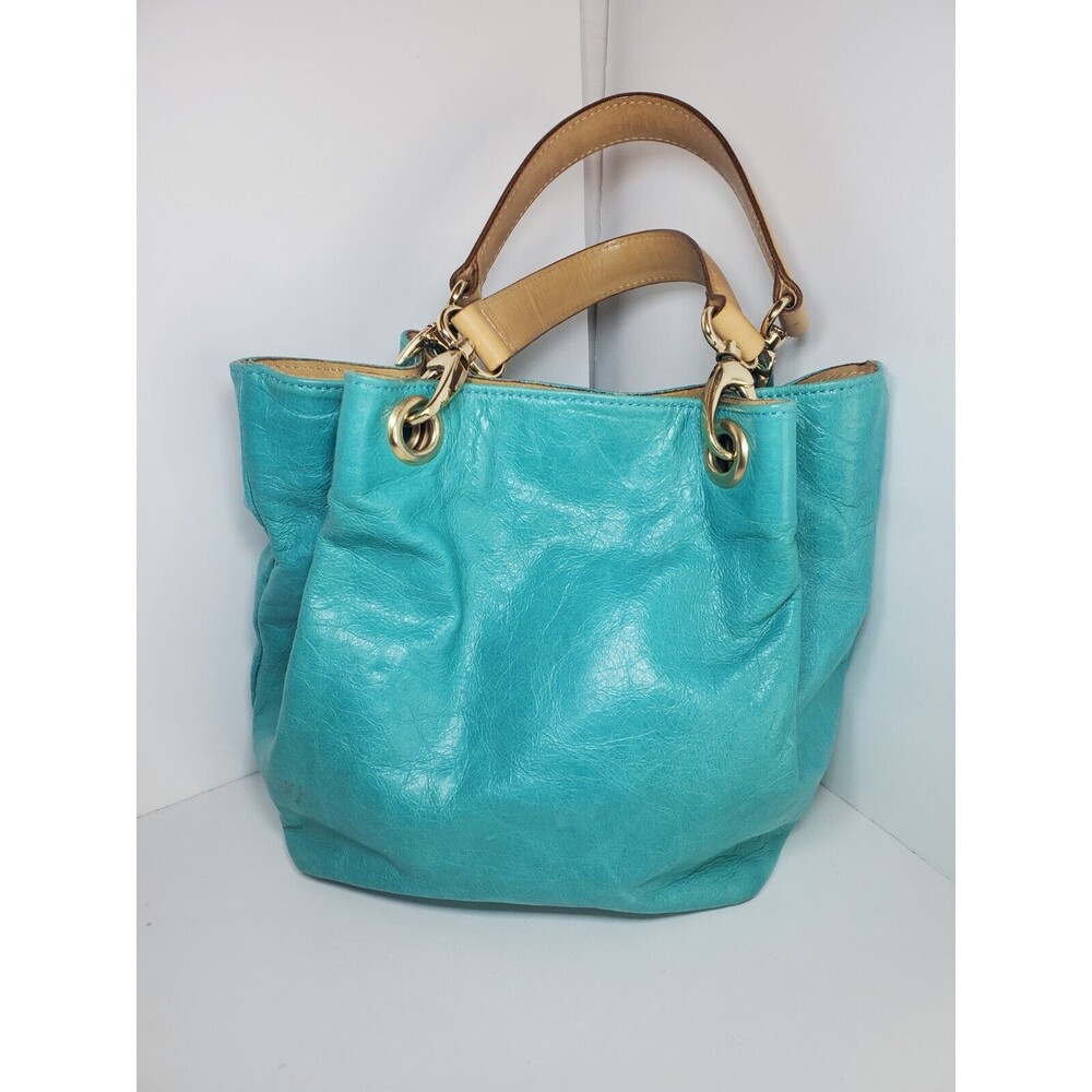 Maurizio Taiuti Italian Teal Blue Leather Mini Handbag 2 Handle Bucket